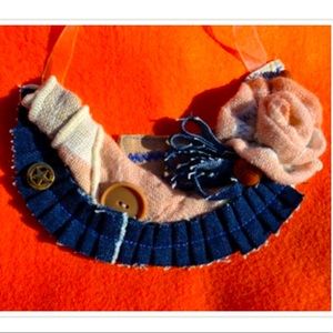 Handmade peach fabric rose denim Summer Rodeo Western bib necklace